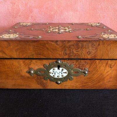 Beautiful Antique Wood and Metal Inlay Keepsake Box