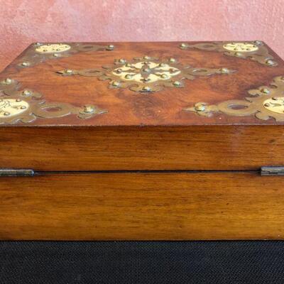 Beautiful Antique Wood and Metal Inlay Keepsake Box