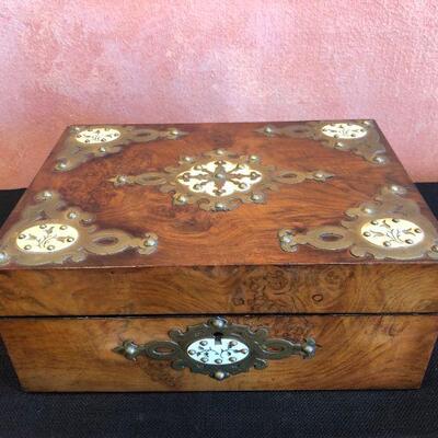 Beautiful Antique Wood and Metal Inlay Keepsake Box