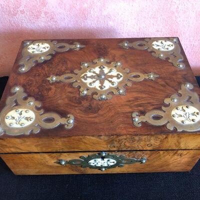 Beautiful Antique Wood and Metal Inlay Keepsake Box