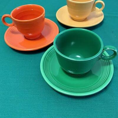 LOT 117 Vintage Fiesta Ware 3 Coffee Cups & Saucers Ring Handle Medium Green