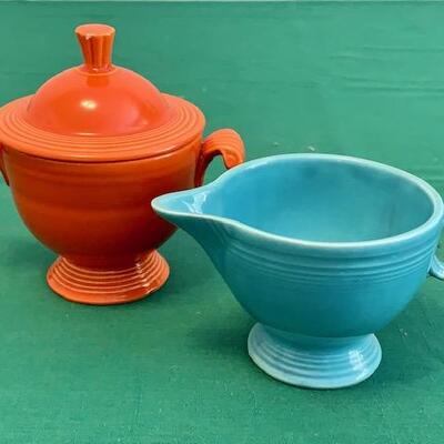 LOT 119 Vintage Fiesta Ware Covered Sugar Bowl & Creamer w/ Ring Handle