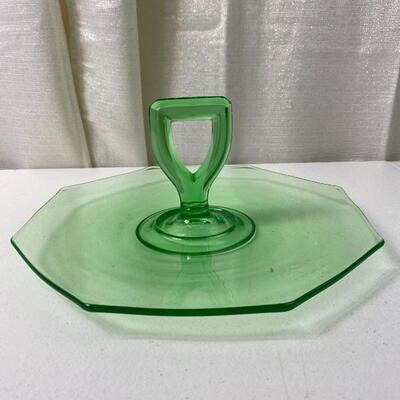 Lot# 129 S Uranium Green Vaseline Depression Glass Handled Sandwich Tidbit Tray 10 1/2â€