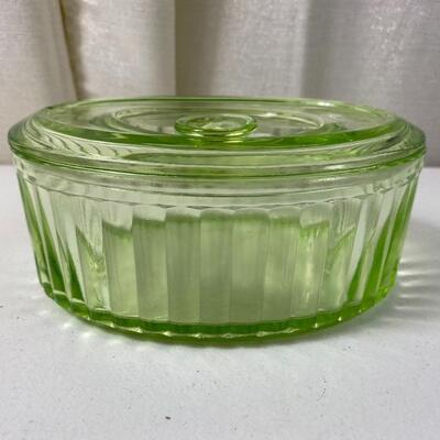Lot# 130 S Uranium Green Vaseline Depression Glass Covered Trinket Candy Dish