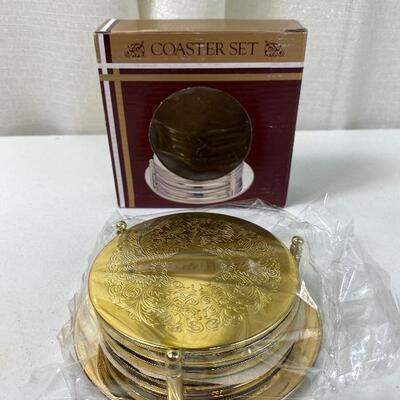 Lot# 133 S Gold Toned Wine Bottle Glass Coasters