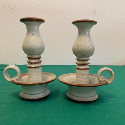LOT 151 Pair Pottery Candle Holders Signed 8" tall