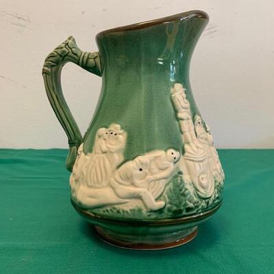LOT 153 Vintage Ceramic Pitcher Japan Green Brown Dancers