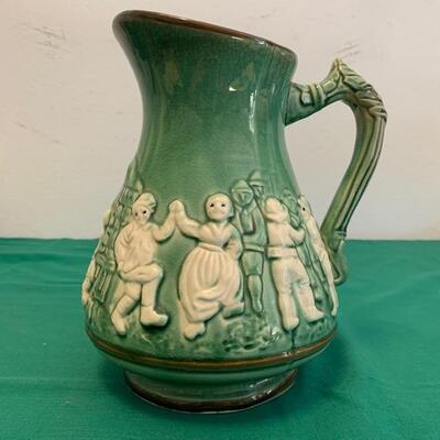 LOT 153 Vintage Ceramic Pitcher Japan Green Brown Dancers