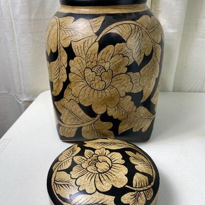 Lot# 145 Decorative Lidded Storage Container Carved Wood Look Floral 