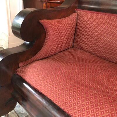 Antique 1800s Flame Mahogany Empire Sofa - Newly Reupholstered 