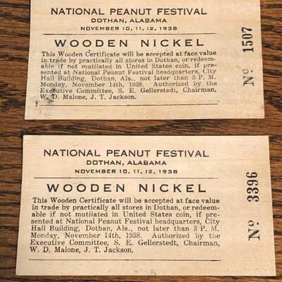 1938 National Peanut Festival Wooden Nickel Fair Passes