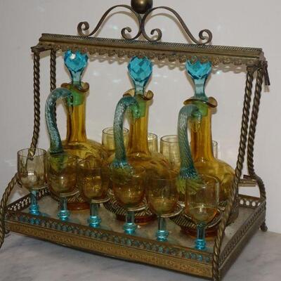Antique French Tantalus Caddy Gold & Turquoise Glass Decanters & glasses, Beautiful! 