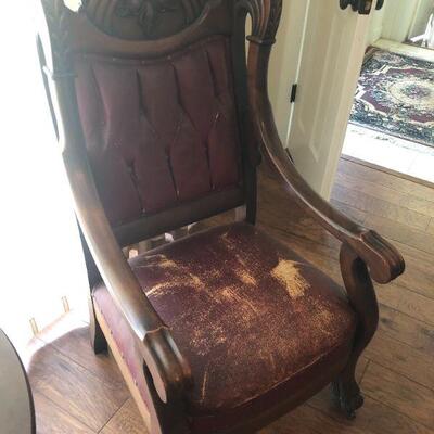 Pair of Leather Upholstered - 2 Carved Claw Foot Parlor Chairs 