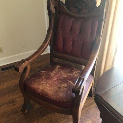 Pair of Leather Upholstered - 2 Carved Claw Foot Parlor Chairs 