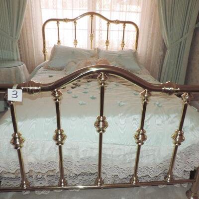 LOT 3   DOUBLE BRASS BED, BEDDING, TABLE, AND CURTAINS