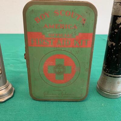 LOT 228 Vintage Boy Scout Collectables Flashlights Neckerchief First Aid Box