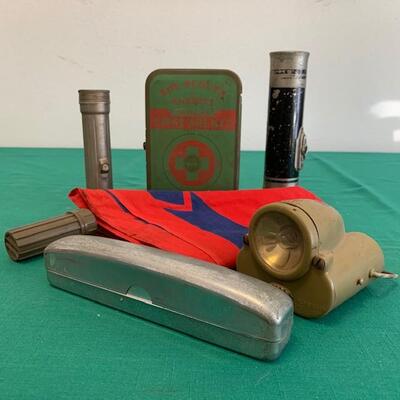 LOT 228 Vintage Boy Scout Collectables Flashlights Neckerchief First Aid Box