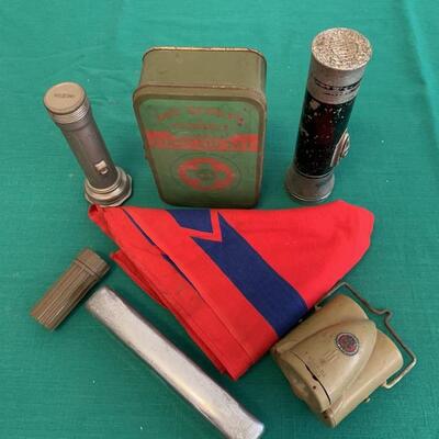 LOT 228 Vintage Boy Scout Collectables Flashlights Neckerchief First Aid Box