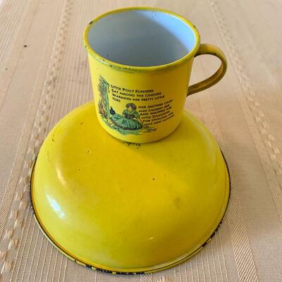 LOT 239  ANTIQUE ENAMEL CHILD'S BOWL & CUP LITTLE POLLY FLANDERS