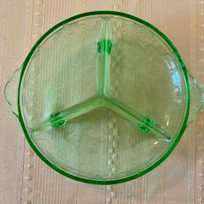 LOT 249 ANTIQUE GREEN DEPRESSION GLASS FOOTED DIVIDED DISH
