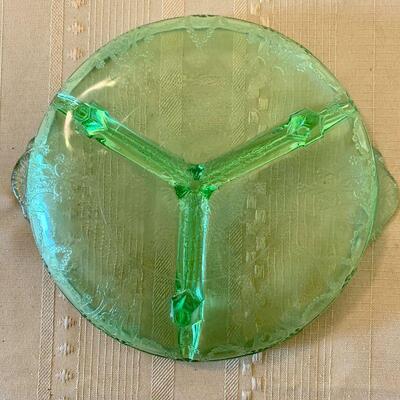 LOT 249 ANTIQUE GREEN DEPRESSION GLASS FOOTED DIVIDED DISH