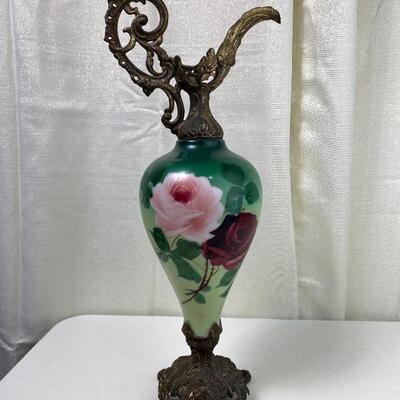 Lot# 204 Antique Hand painted Ewer Brass Red Pink Roses Green Background 