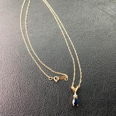 10k Gold 16” Necklace with Sapphire and Diamond Pendant 