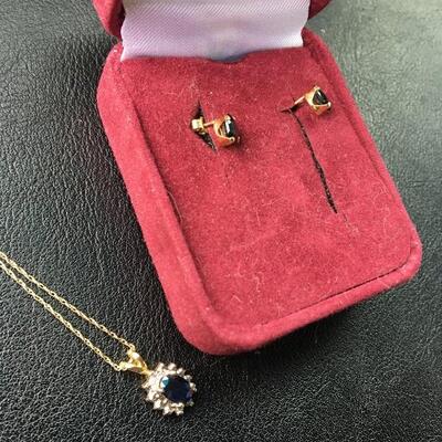 10k Gold 18” Necklace and Earrings with Sapphires and Diamonds