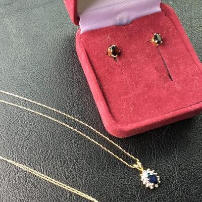 10k Gold 18” Necklace and Earrings with Sapphires and Diamonds