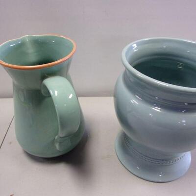 Lot 8 - Bobby Flay Stoneware Turquoise Water Pitcher & Blue Vase