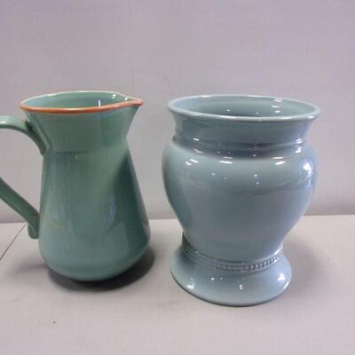 Lot 8 - Bobby Flay Stoneware Turquoise Water Pitcher & Blue Vase