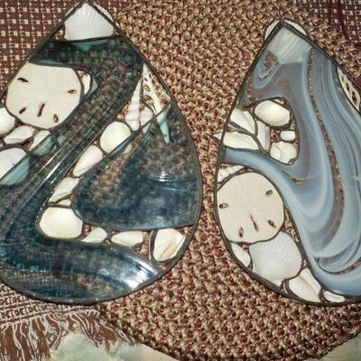 Stain glass window hangers with sea shell decor. "