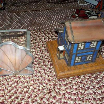 2 stain glass pieces shell and 2 story  house.