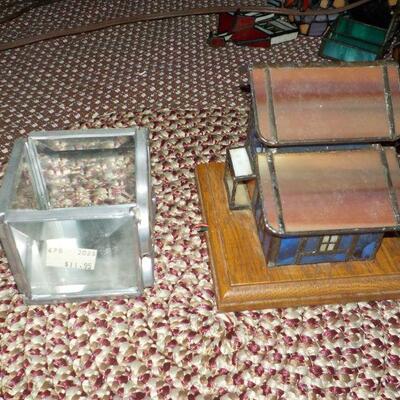 2 stain glass pieces shell and 2 story  house.