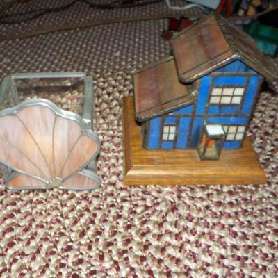 2 stain glass pieces shell and 2 story  house.