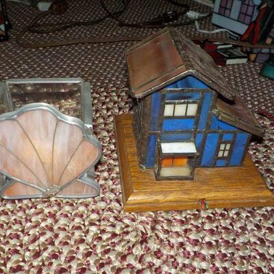 2 stain glass pieces shell and 2 story  house.