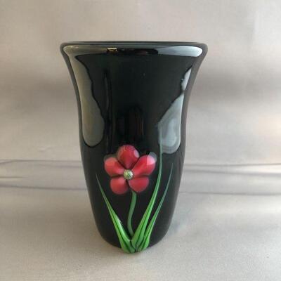 Dark Green Vase w/raised flowers 4.25