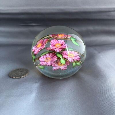 Pink flower layered paperweight - signed Orient & Flume, G Held, H-18-1990 May 