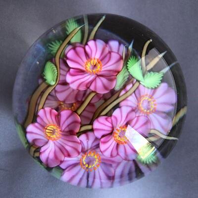 Pink flower layered paperweight - signed Orient & Flume, G Held, H-18-1990 May 