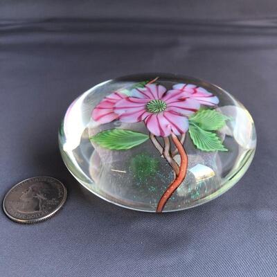 Pink flower paperweight - signed Orient & Flume, G Held, H-5-1988 May
