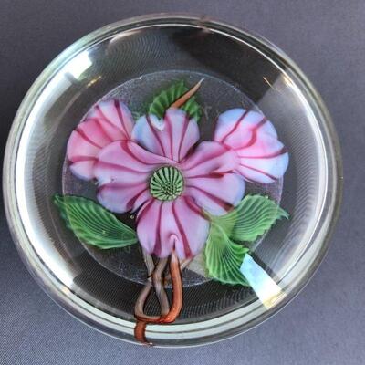 Pink flower paperweight - signed Orient & Flume, G Held, H-5-1988 May