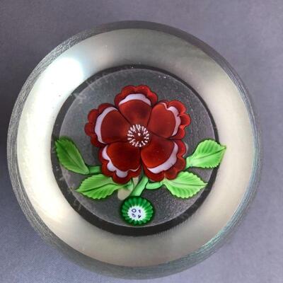 Red Flower OF84 cut top paperweight- signed Orient & Flume, G Held, 40-1984 a