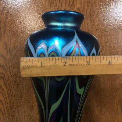 Iridescent blue feather vase 15" tall - signed Orient & Flume, Held, H074958