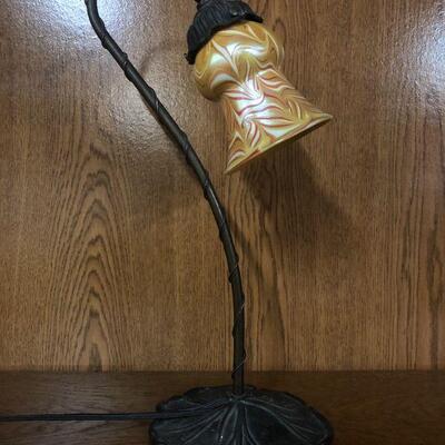 Gold pulled feather lampshade w/lamp - signed Orient & Flume 1980, SB & GH & BS