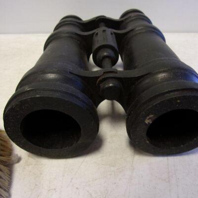 Lot 53 - Wooden Binoculars Monogramed Brush Velvet Pipe & Cigarette Tin