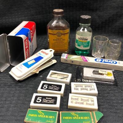 Vintage personal grooming products: razor blades mineral oil  Band-Aids