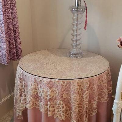 Round Bedside Tables with Glass with Antique Crochet Overlay