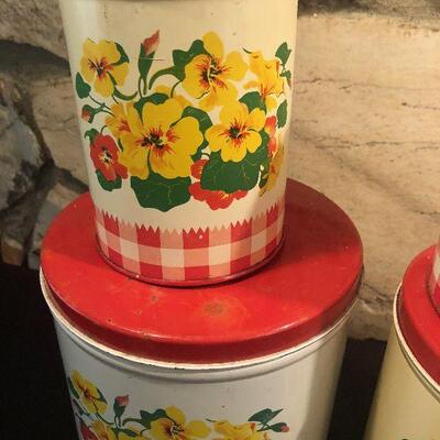 #53 Vintage Tin Canisters with Gingham and Pansy's 