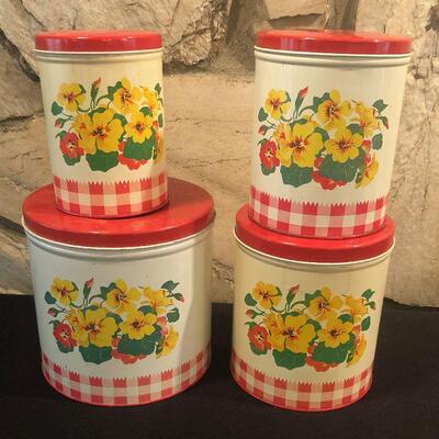 #53 Vintage Tin Canisters with Gingham and Pansy's 
