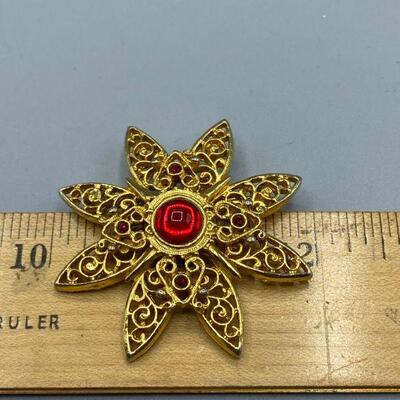 Gold Tone & Red Cabochon Star Cross Pin YD#011-1120-00146